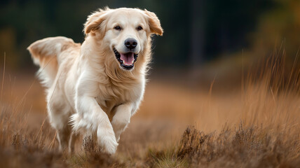 Obraz premium Joyful golden retriever dog runs energetically across grassy field, showcasing its playful nature and fluffy coat. outdoor setting enhances dog lively spirit