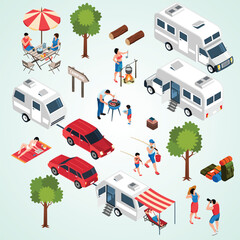 Isometric Colorful Family Vacation Scene With RV and Outdoor Activities Illustration
