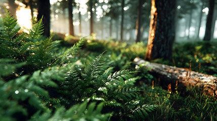Fern Plants in Misty Forest, Showing Natural Ecological Aesthetics