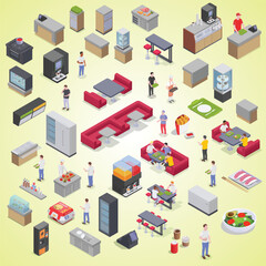 Fototapeta premium Isometric Detailed Restaurant Interior Design with People and Furniture Set