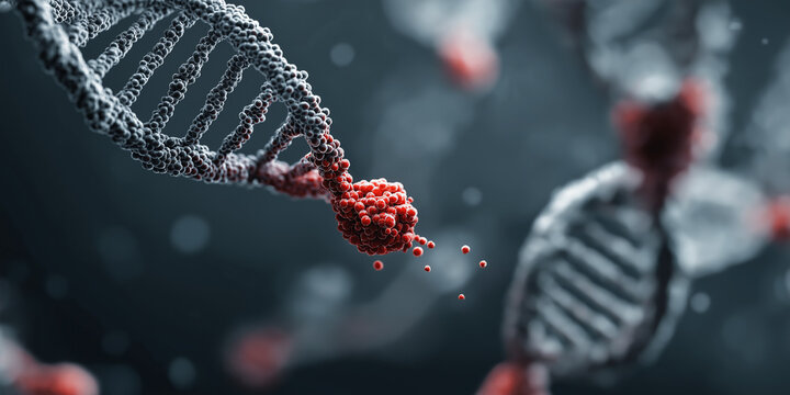 Close up of DNA strands with red molecular structures highlights gene editing technology, symbolizing advancements in genetic therapies and biotechnology