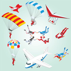 extreme sports parachuting skydiving isometric set Cartoon skydivers. Sky jump with parachute and paraglider, extreme danger skydive falling. Vector adrenaline parachuting sport flat illustration © enggartiasto