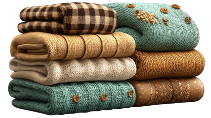 Stacked cozy sweaters and blankets in warm autumnal colors