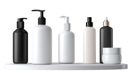 Cosmetic skincare bottles for beauty treatment, moisturizer, lotion, serum and personal care liquid container isolated on white background