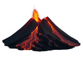 A dramatic volcano erupts with fiery lava flows cascading down its dark slopes against a stark black backdrop.
