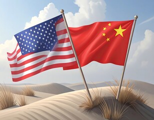 Flags of USA and China in a desert