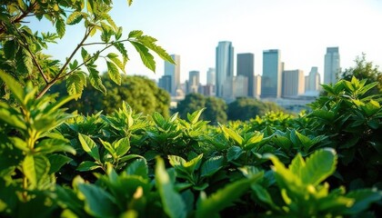 A lush green foreground with vibrant leaves contrasts against a city skyline in the background. The scene captures urban nature and sustainability.