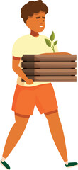 Young man carrying a wooden crate with a small growing plant, promoting environmental awareness and sustainable practices
