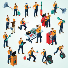 Isometric Detailed Auto Mechanic Worker Set of Tasks in Different Poses