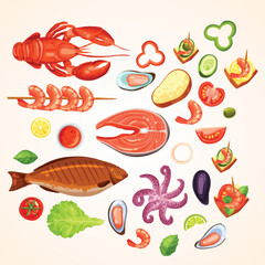 Cartoon Style Seafood Arrangement with Toast for Healthy Meal Plan Illustration