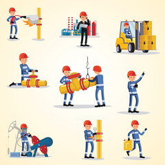 Flat Style Diverse Cartoon Oil Worker Action Set Industry Illustration