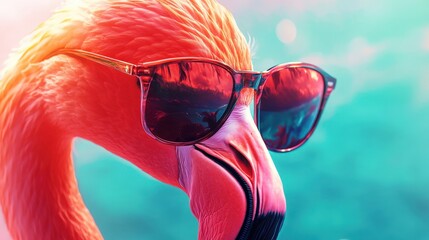Flamingo with sunglasses in a vibrant close-up.