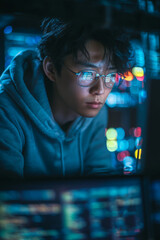 A Focused Young Programmer Engaged in Work Within a CuttingEdge HighTech Environment