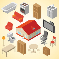 Obraz premium Isometric Detailed House Interior Object and Furniture Arrangement Illustration Design