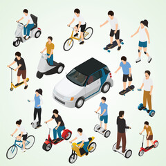 Isometric People Using Various Personal Electric Transportation and Car Illustration © enggartiasto