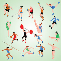 Isometric Sport Athlete Character Set of People Doing Different Sports
