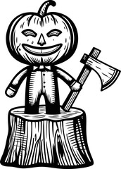 Jack o' lantern headed figure in suit holding axe, standing on tree stump halloween scary pumpkin character illustration