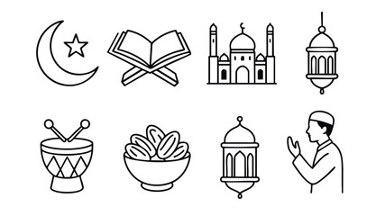 Moon quran mosque lantern man prayer drum and date