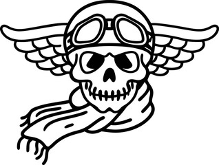Aviator skull with flying helmet, goggles, and scarf winged emblem design, vintage retro biker or pilot motif illustration