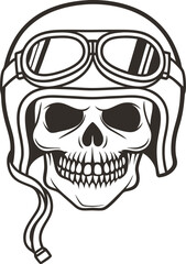 Fototapeta premium Skull in vintage aviator helmet and goggles, aggressive biker emblem monochrome line art illustration, rebellious retro