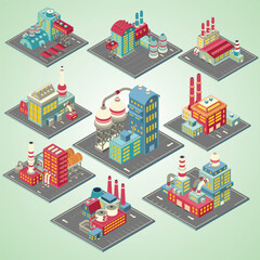 Isometric Industrial Factory Collection Illustration With Chimney And Tank Buildings