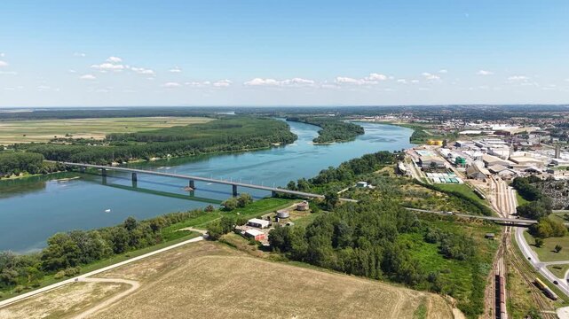 Aerial View of Sava River. Bridge. Island and Riverbanks in Landscape of Serbia