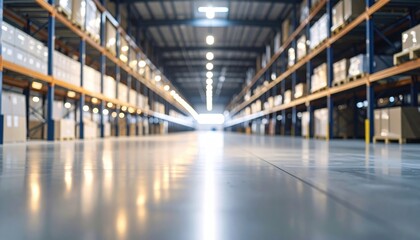 Exploring empty warehouse corridor with defocused perspective lines and soft lighting