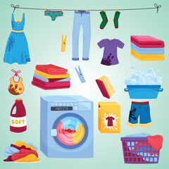 Flat Style Laundry Cleaning Illustration with Washing Machine and Clothes Line