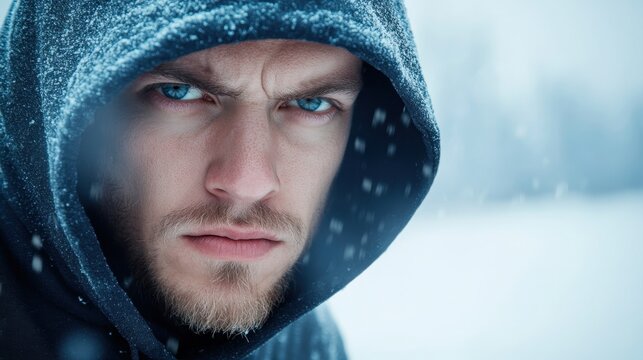 Shadowy hacker in hooded cloak snowy environment digital art mysterious atmosphere front view cybersecurity concept