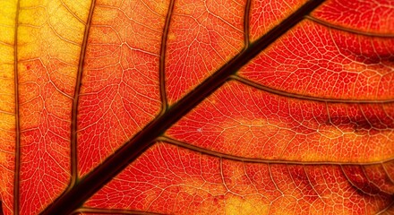 Close up macro view of a vibrant red and yellow leaf vein structure
