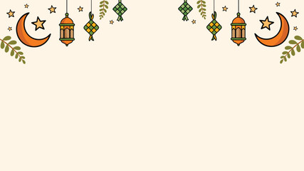 Fototapeta premium Ramadan background with lanterns crescent moon ketupat and leaves