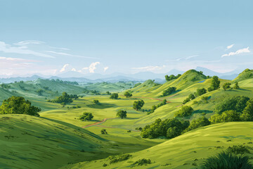 Obraz premium Lush rolling hills under a clear sky. A picturesque vista of a green valley