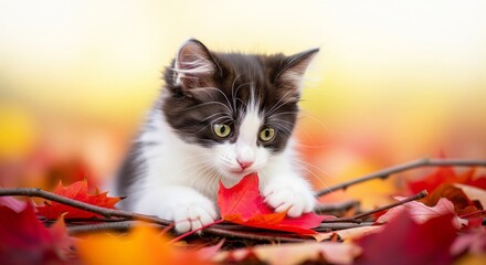 Adorable black and white kitten playing among vibrant autumn leaves