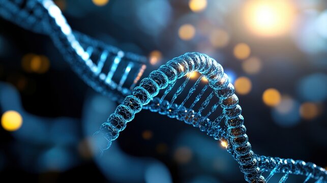 Abstract scientific visualization of illuminated blue dna strand in a futuristic digital environment