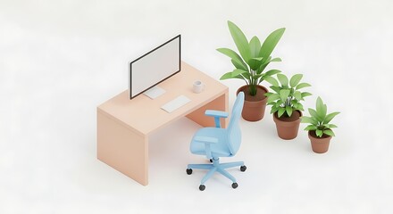 Minimalist Home Office Setup with Desk, Chair, Monitor, and Potted Plants.