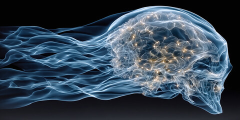 Conceptual illustration of a luminous neural network within a spectral, fast-moving skull, symbolizing the fusion of consciousness and artificial intelligence