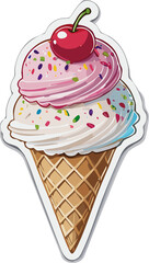 Classic cartoon style sticker of a three-scoop ice cream cone, with pink strawberry, brown chocolate, and white vanilla scoops, topped with colorful sprinkles and a shiny red cherry, all surrounded by