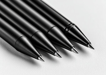Close-up of four black pens, tips angled