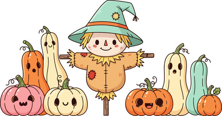 Fototapeta premium Cheerful cartoon scarecrow stands among colorful pumpkins with simple line art and joyful expressions, creating a whimsical autumn scene perfect for seasonal children's content.