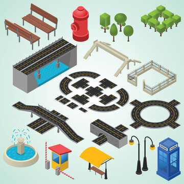 Isometric Detailed Cityscape Urban Elements Road Infrastructure and Park Assets Illustration