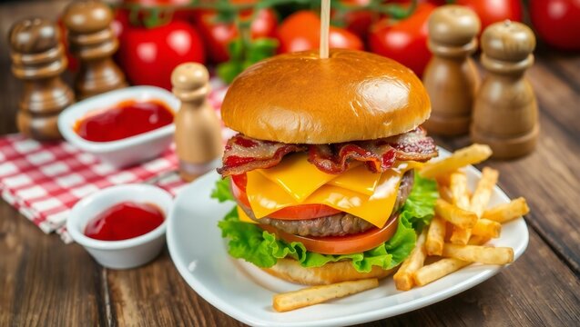 Juicy gourmet burger with melted cheese and crispy bacon served with french fries