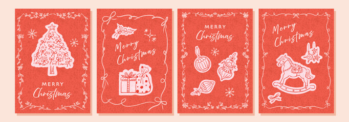 Christmas card set with cute hand painted minimal line art illustrations. Vector files. Minimalist line art clipart for cards, backgrounds, and posters.