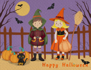 Happy Halloween Kids in Witch Costumes with Pumpkins
Cute children dressed as witches with pumpkins, bats, and a spooky fence background. Fun Halloween wallpaper perfect for kids, parties, seasonal