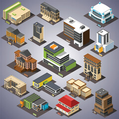 Fototapeta premium Isometric Detailed Colorful Building City Block with Various Public Services