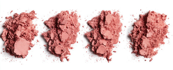 Crushed, light-pink cosmetic powder displayed against a white background.  Four heaps of broken-down, textured powder are shown in a horizontal arrangement
