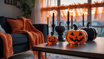 Cozy Halloween Home Decor with Pumpkins and Candles in black-orange colors