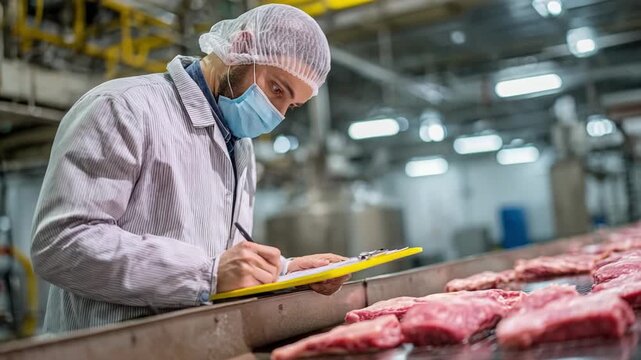 Quality control inspection of meat products food processing facility image industrial environment close-up view safety standards