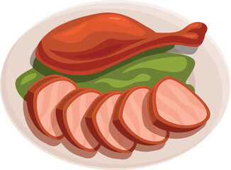 Delicious roasted duck leg and sliced meat served with fresh lettuce on a plate, creating an appetizing culinary scene