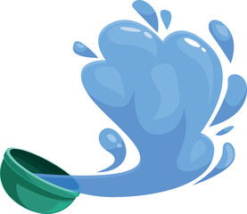 Cartoon illustration of blue water splashing from green bowl, isolated on white background