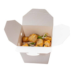 Delicious Food Takeout: A mouthwatering takeout box, brimming with golden, crispy tofu, fresh bean...